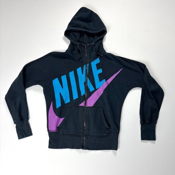 Nike Sportswear Womens Zip Up Hoodie Black Sz M Big Swoosh Spellout - Picture 1 of 8